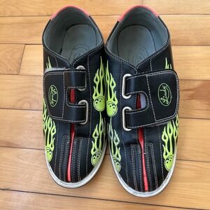 Linds Bowling Shoes Black Neon Green Flames Coral Pink Retro Size 7 8 39.5